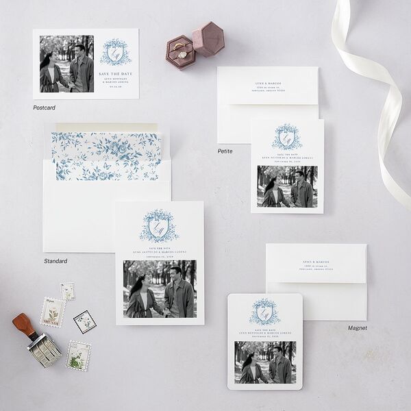 Rose Crest Photo Save the Date Petite Cards Regency Blue Signature smooth Blank No