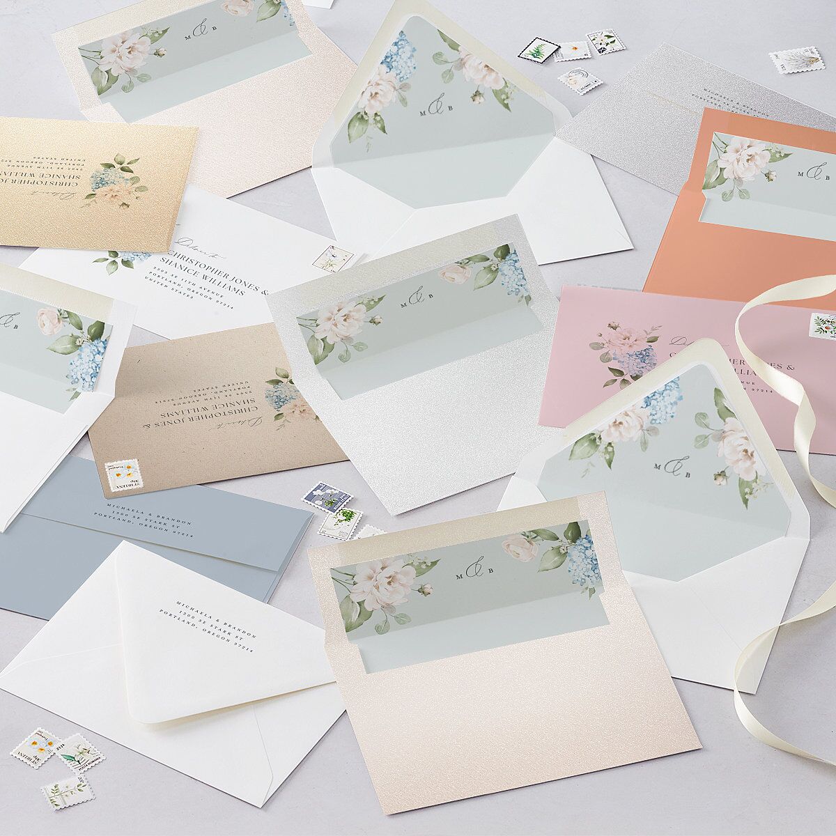 Elegant Peonies and Hydrangeas Wedding Invitations Baby Blue Signature Blank No Standard