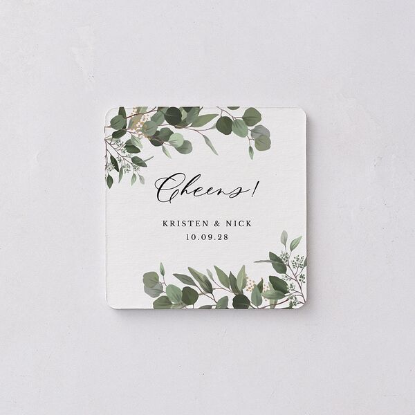 Eucalyptus Frame Wedding Day Coaster Pure White Cardboard Soft Square