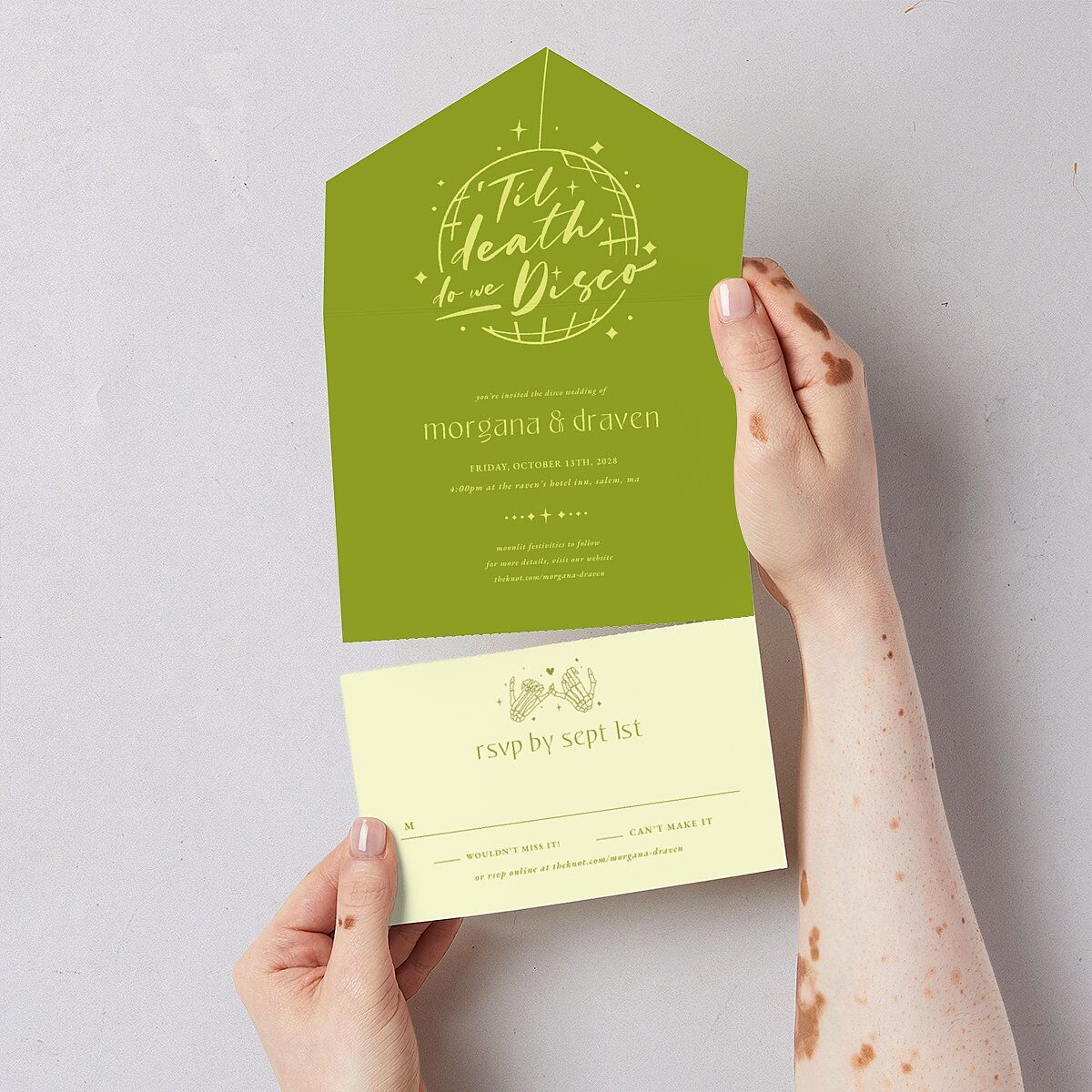 Til Death Do We Disco All-in-One Wedding Invitations Pear Signature Light Both Recipient and Return Addresses No