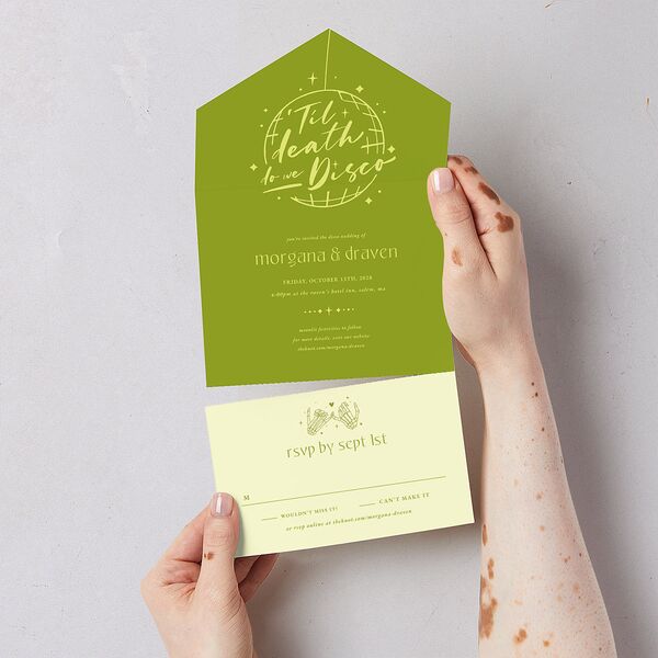 Til Death Do We Disco All-in-One Wedding Invitations Pear Signature Light Both Recipient and Return Addresses No