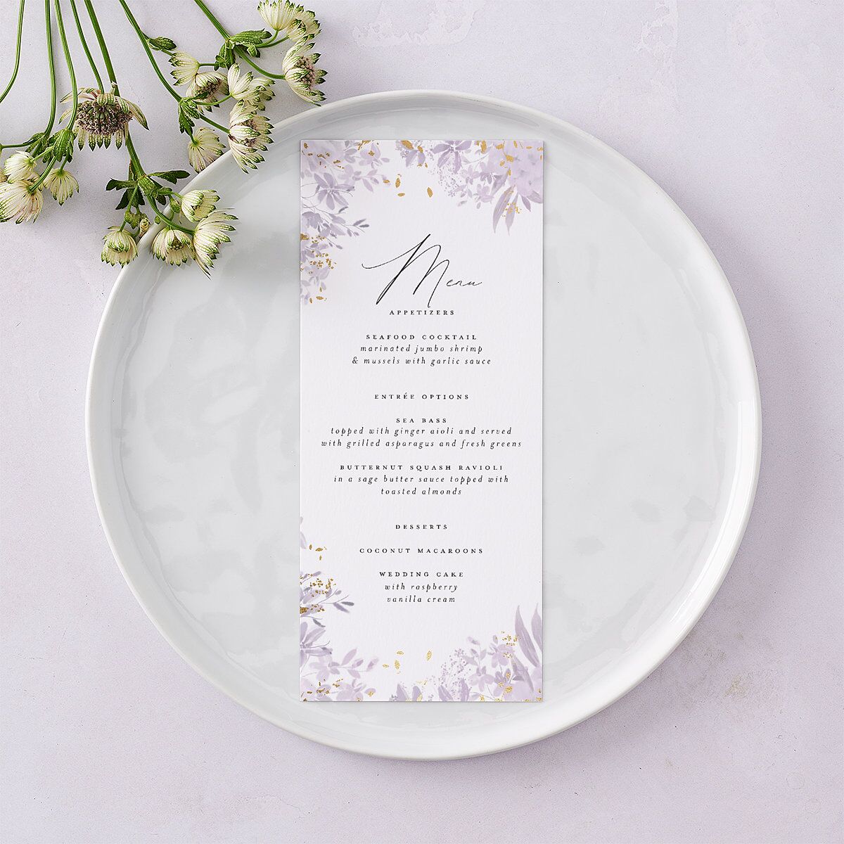 Monochrome Blooms Menus Gold Sheer Lilac Signature
