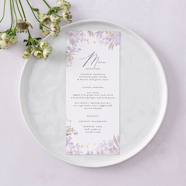 Monochrome Blooms Menus Gold Sheer Lilac Signature