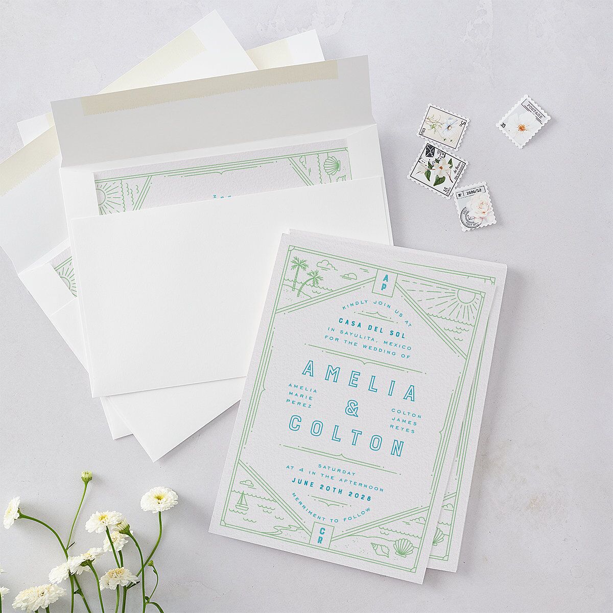 Iconic Beach Wedding Invitations Green Apple Signature Blank No Standard