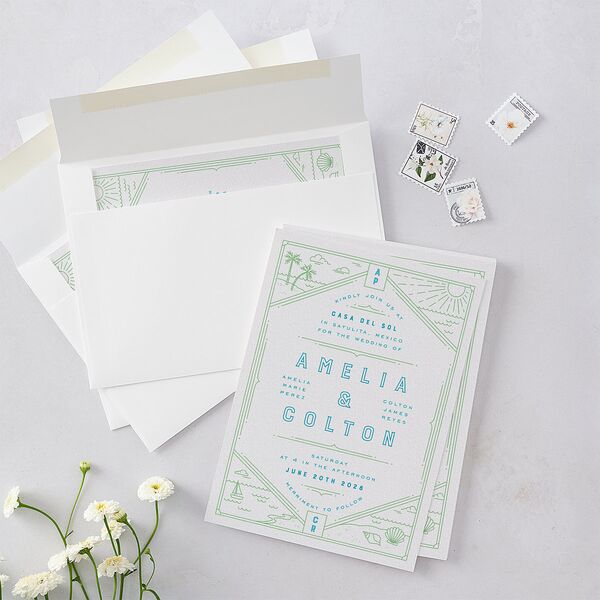 Iconic Beach Wedding Invitations Green Apple Signature Blank No Standard