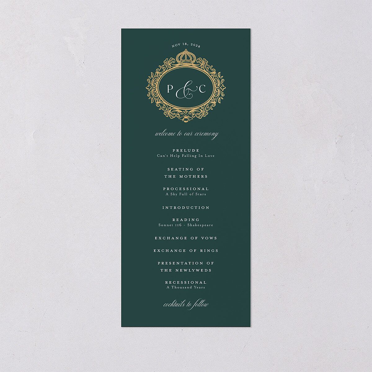 Glamorous Crown Monogram Crest Wedding Programs by Bridgerton Gold Deep Lake Signature