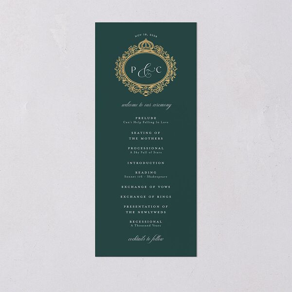 Glamorous Crown Monogram Crest Wedding Programs by Bridgerton Gold Deep Lake Signature