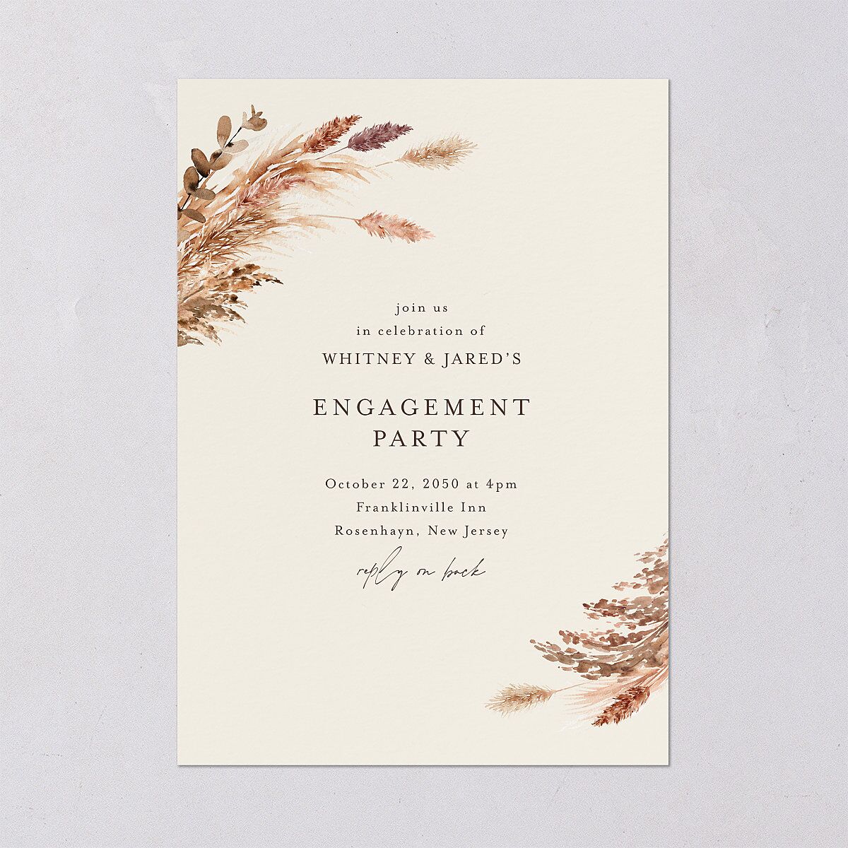 Soft Pampas Botanical Engagement Party Invitations Sepia Signature Blank Standard