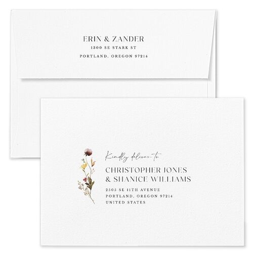 Simple Bohemian Wildflowers Bridal Shower Invitation Envelopes Licorice White Both Recipient and Return Addresses Signature Standard