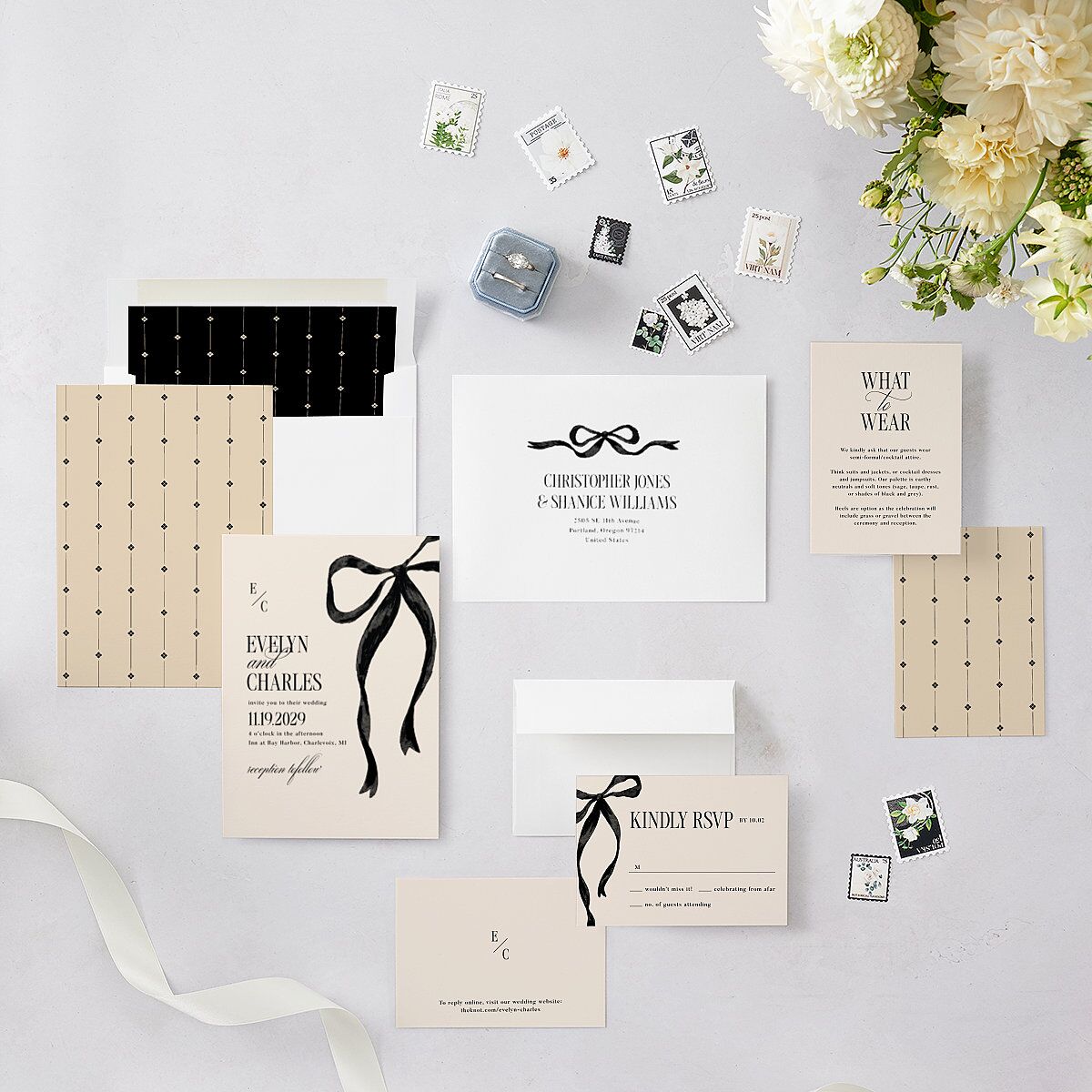 Whimsical Hand Drawn Bow Wedding Invitations Linen Signature Blank No Standard