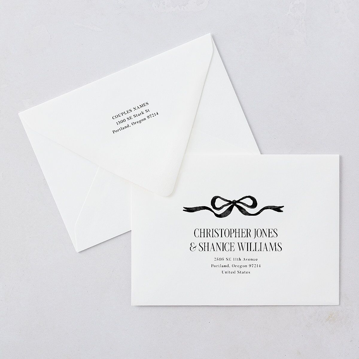 Whimsical Hand Drawn Bow Wedding Invitation Euro Envelopes White Linen Both Recipient and Return Addresses Luxe Signature