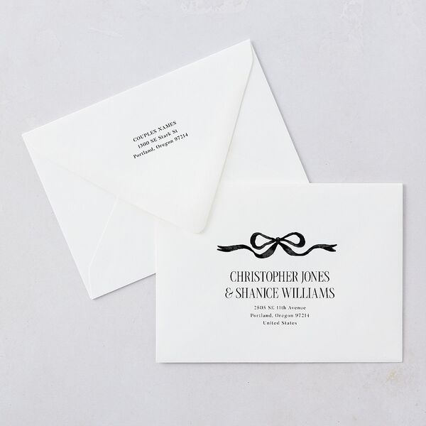 Whimsical Hand Drawn Bow Wedding Invitation Euro Envelopes White Linen Both Recipient and Return Addresses Luxe Signature
