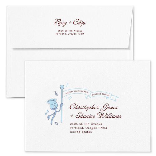 Whimsical Retro Cartoon Wedding Invitation Envelopes Baby Blue Terracotta Return Address Standard Signature