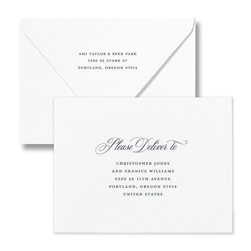Grand Calligraphy Thank You Card Euro Envelopes White Moody Blue Both Recipient and Return Addresses Luxe Signature