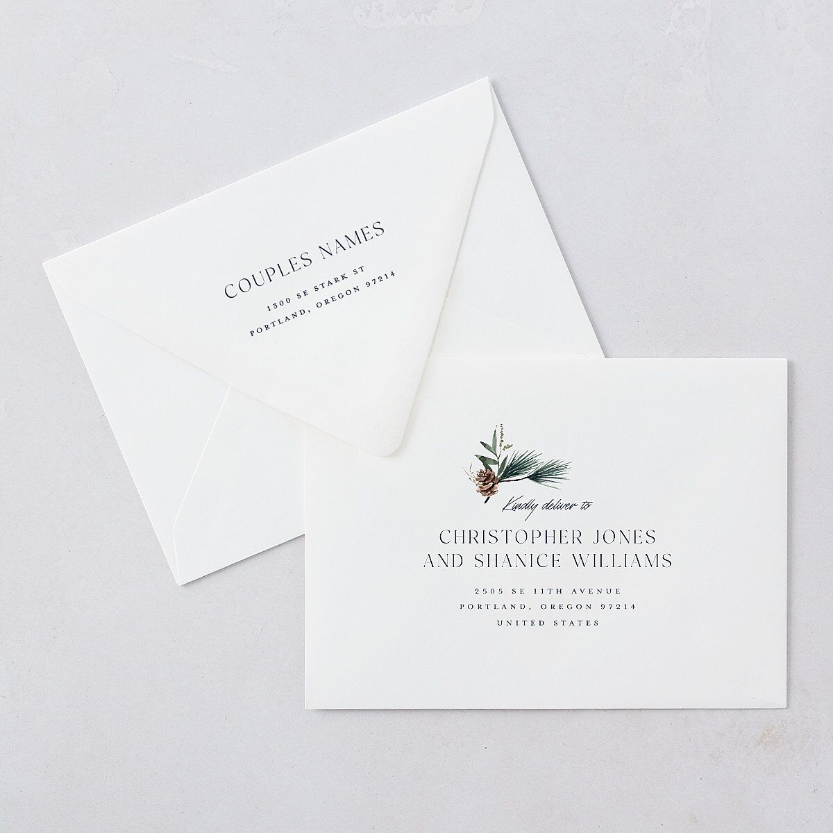 Rustic Pine Wedding Invitation Euro Envelopes — view 1