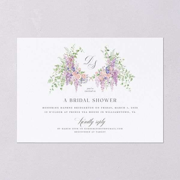 Formal Wisteria Garden Crest Bridal Shower Invitations by Bridgerton Purple Haze Signature Blank
