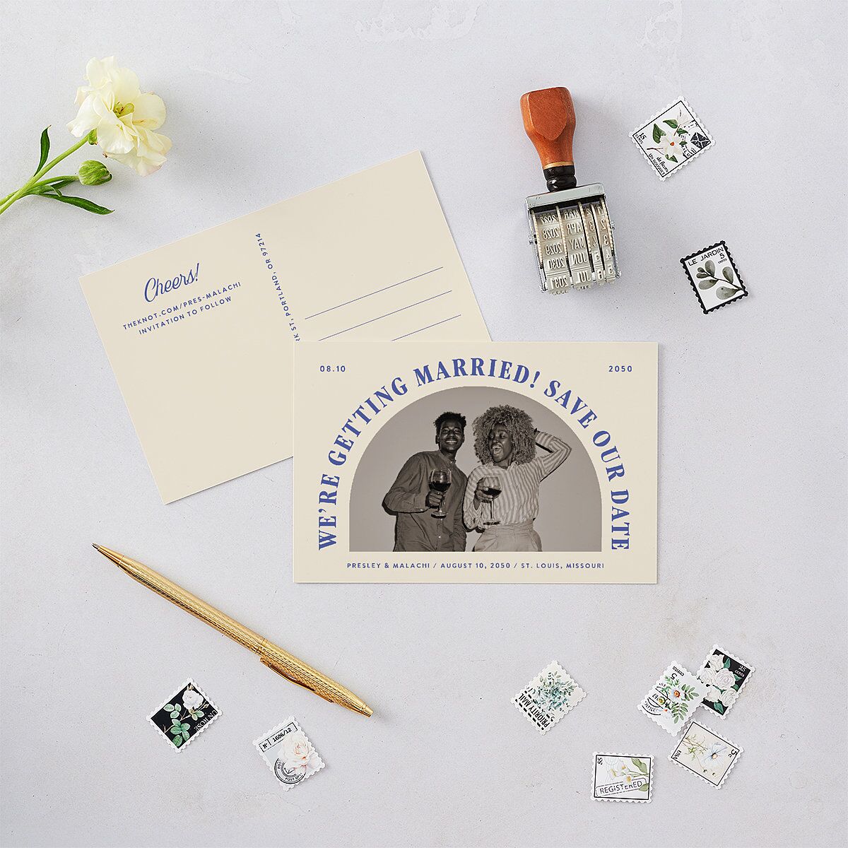 Elegant Retro Arch Save the Date Postcards Jewel Blue