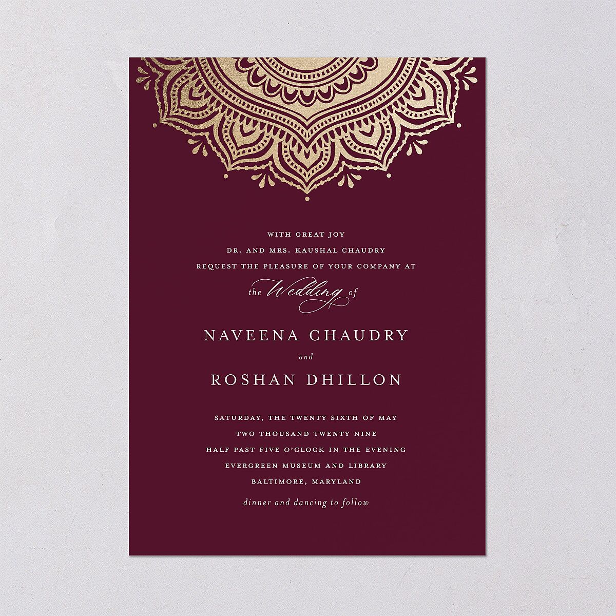 Indian Gilded Adornment Wedding Invitations Gold Burgundy Signature Blank No Standard