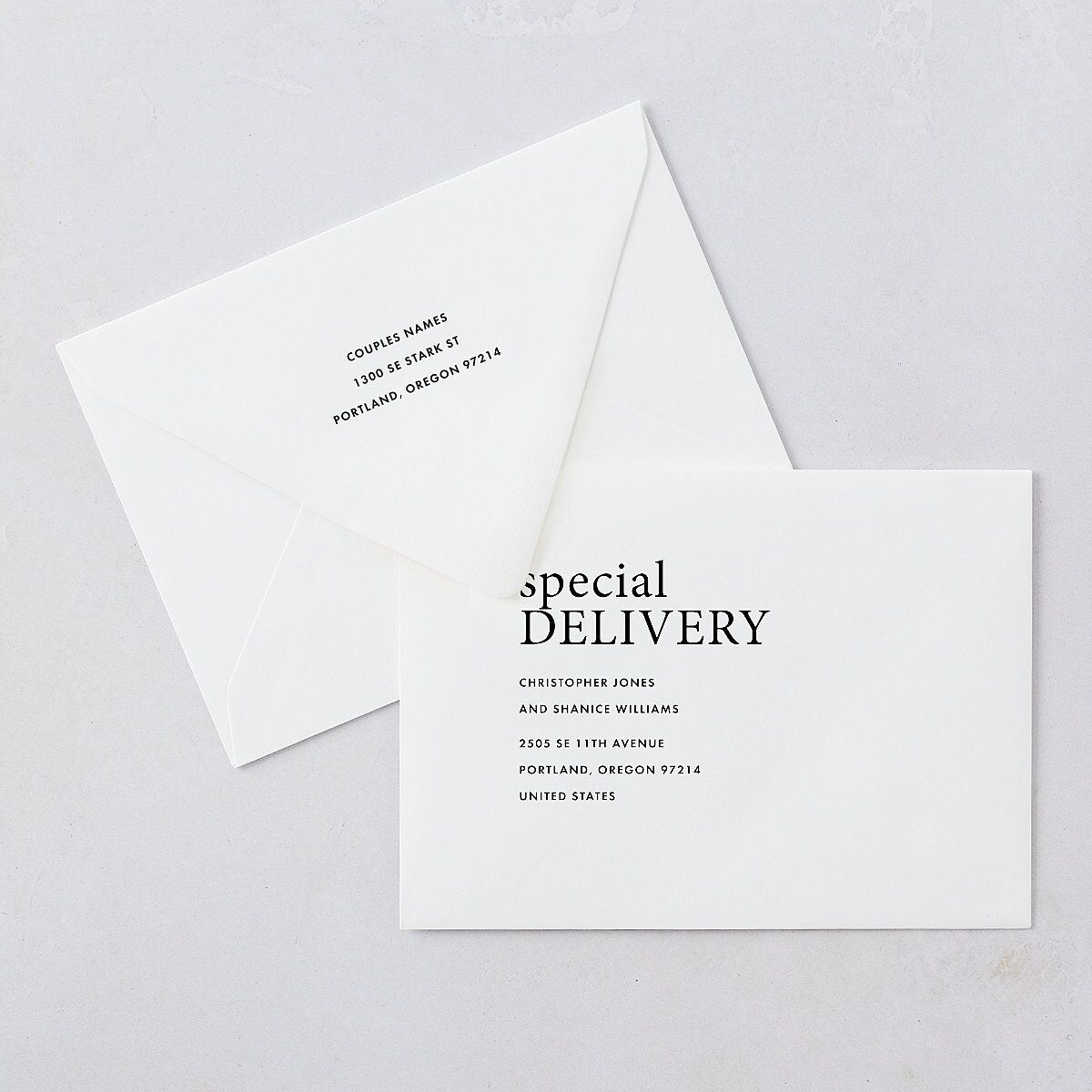 Editorial Promise Wedding Invitation Euro Envelopes White Pure White Both Recipient and Return Addresses Luxe Signature