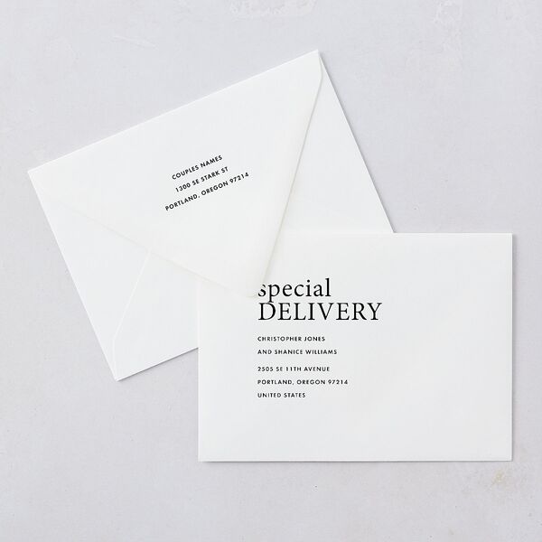 Editorial Promise Wedding Invitation Euro Envelopes White Pure White Both Recipient and Return Addresses Luxe Signature