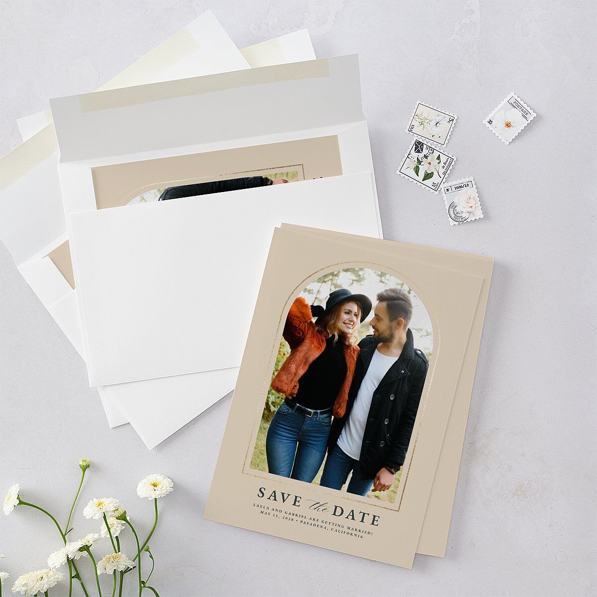 Floral Arch Foil Save The Date Cards Gold Moss Signature smooth Blank No