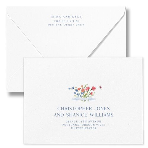 Fairytale Wildflower Crest Save The Date Card Euro Envelopes White Pure White Both Recipient and Return Addresses Luxe Signature
