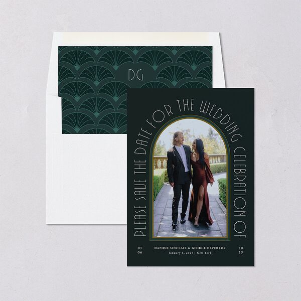 Gatsby Deco Arch Save the Date Cards Dark Emerald Signature smooth Blank No Standard