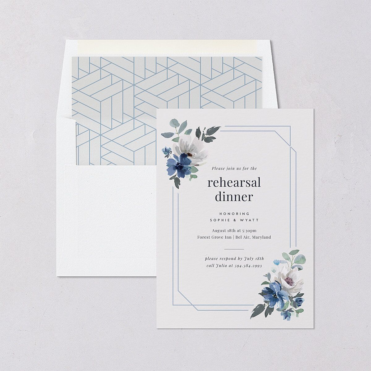 Floral Frame Rehearsal Dinner Invitations Regency Blue Signature Blank Standard