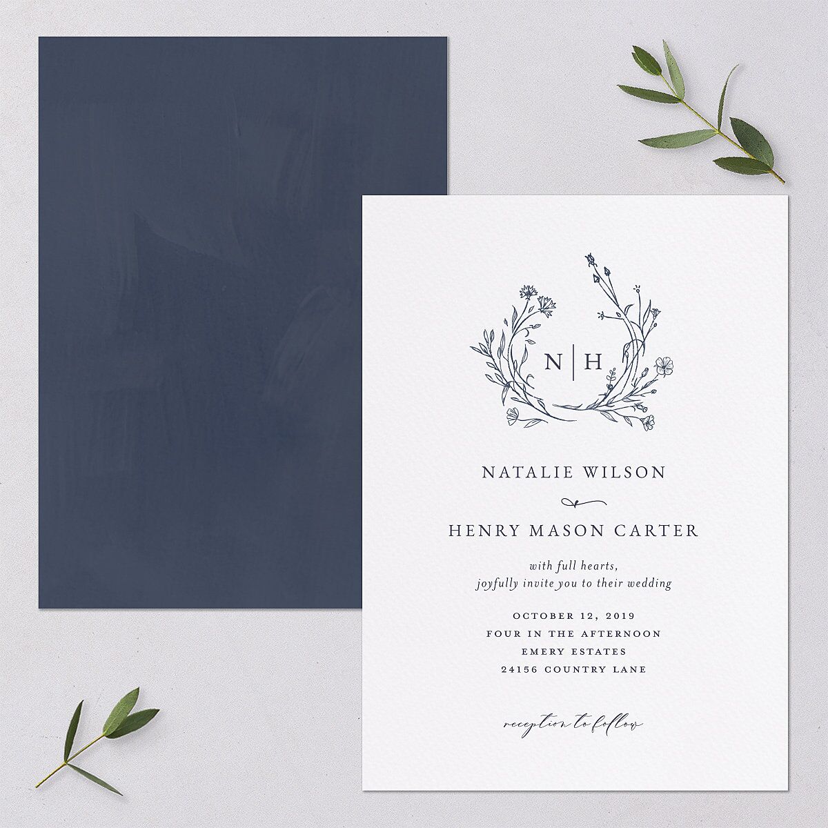 Natural Monogram Wedding Invitations Midnight Navy Signature Blank No Standard