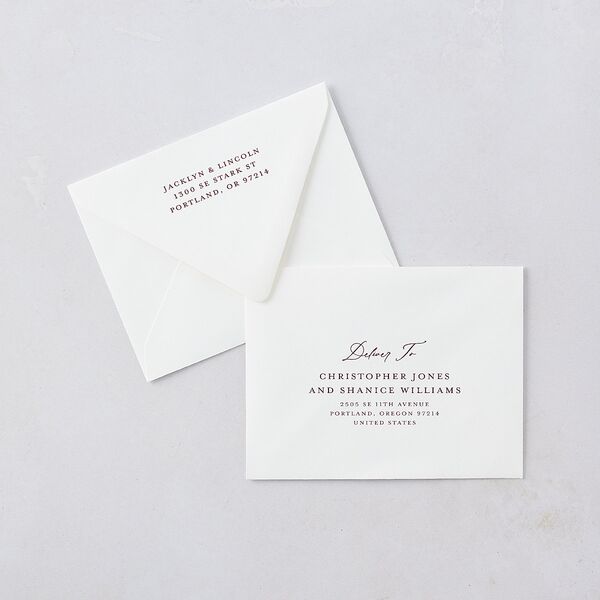 Elegant Vintage Images Thank You Card Euro Envelopes White Burgundy Both Recipient and Return Addresses Luxe Signature