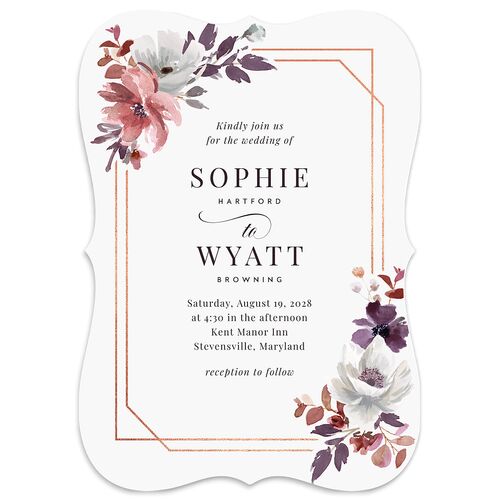 Floral Frame Foil Wedding Invitations Rose Gold Mauve Signature Blank No Bracket
