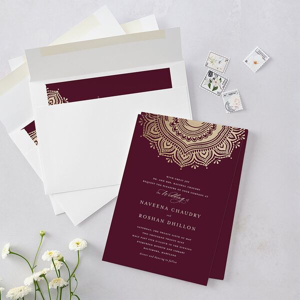 Indian Gilded Adornment Wedding Invitations Gold Burgundy Signature Blank No Standard