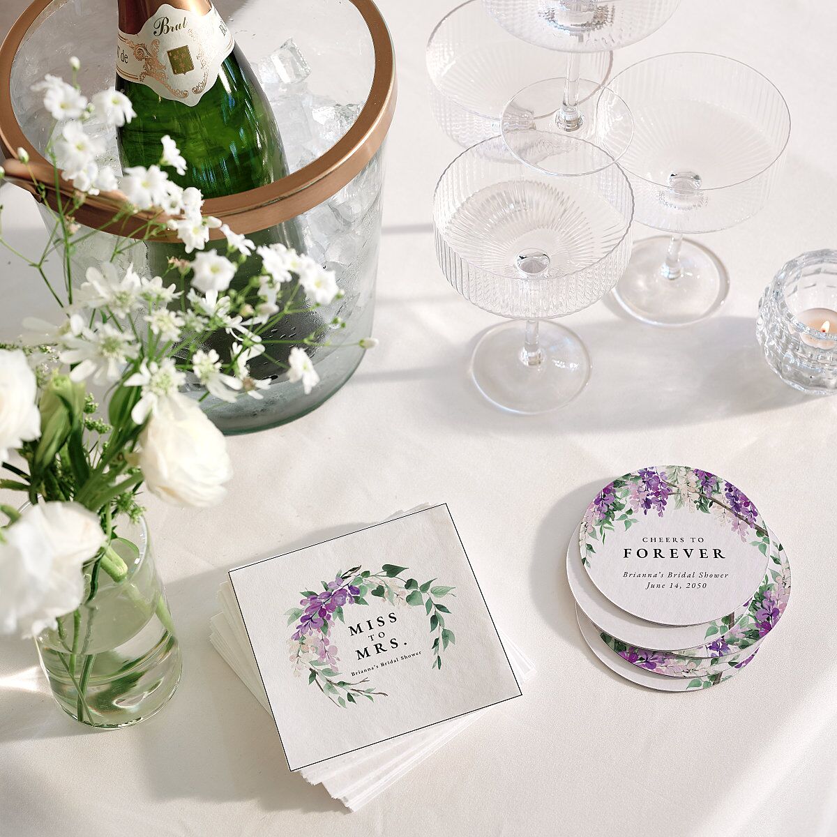 Romantic Wisteria Bridal Shower Wedding Day Coasters Purple Petal Cardboard Circle