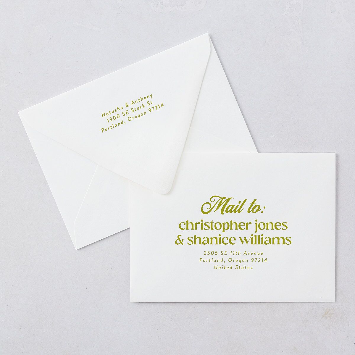 Modern Retro Type Save The Date Card Euro Envelopes White Brass Both Recipient and Return Addresses Luxe Signature
