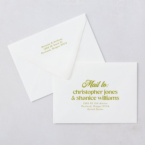Modern Retro Type Save The Date Card Euro Envelopes White Brass Both Recipient and Return Addresses Luxe Signature