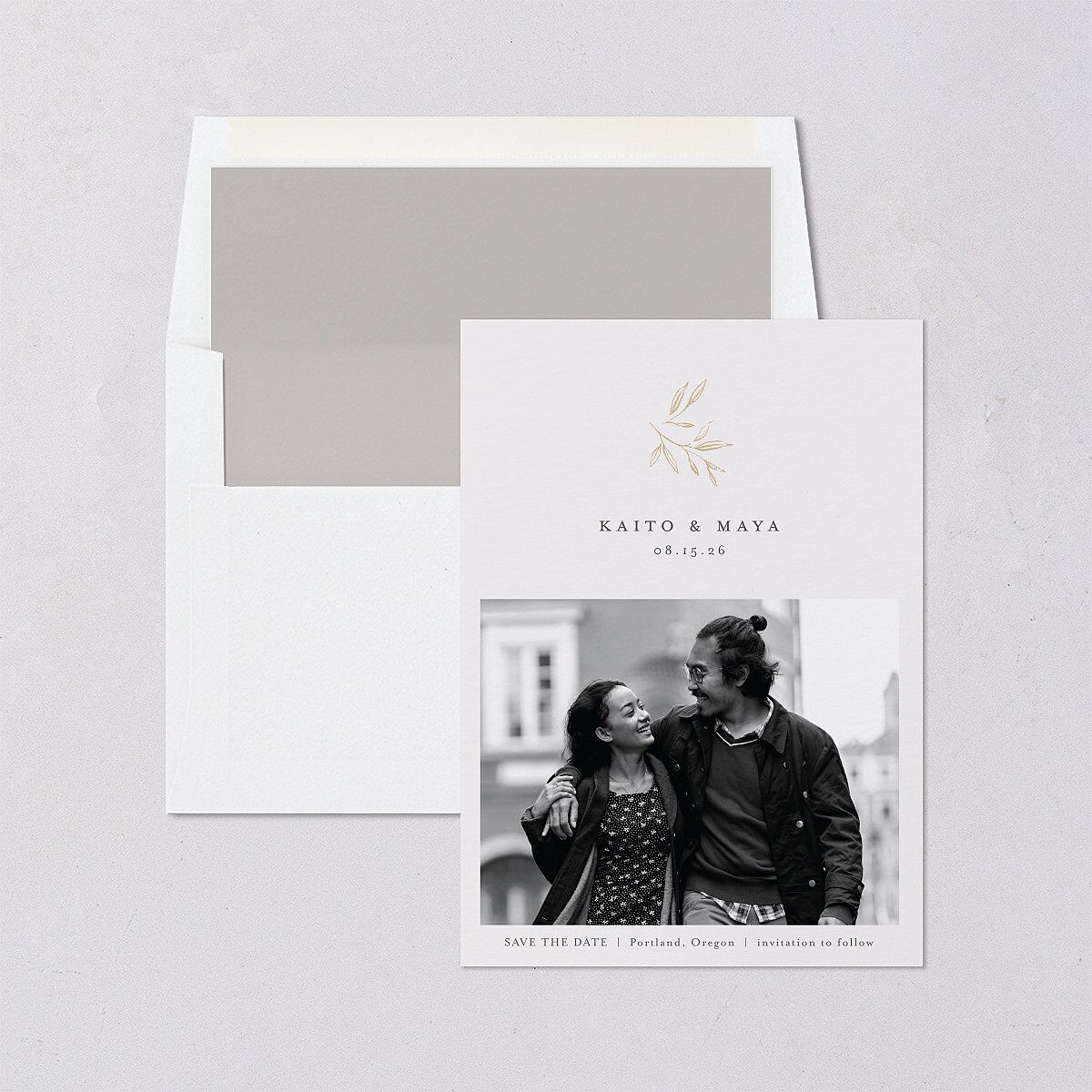 Shining Sprig Save The Date Cards Gold Mist Signature smooth Blank No Standard