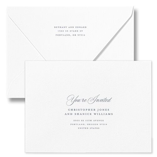 Vintage Oval Monogram Bridal Shower Invitation Euro Envelopes White Dusty Blue Return Address Luxe Signature