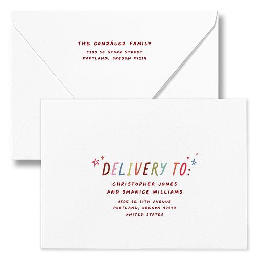 What a Year Whimsical Calendar Photos Holiday Card Euro Envelopes White Maroon Both Recipient and Return Addresses Luxe Signature