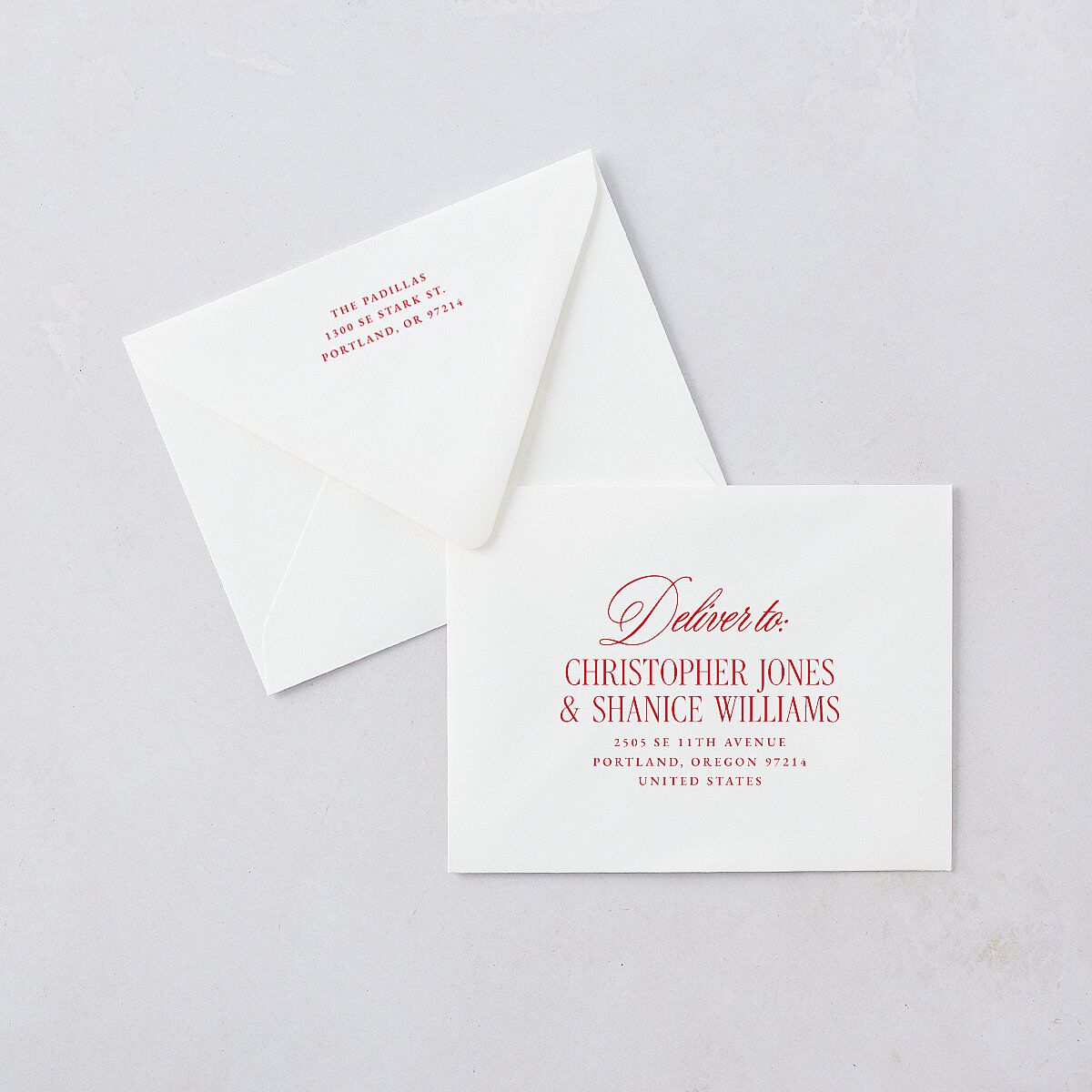 Retro Classic Newlywed Photo Thank You Card Euro Envelopes White Scarlet Both Recipient and Return Addresses Luxe Signature