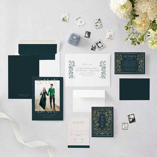 Storybook Filigree Save The Date Cards Gold Dark Night Signature smooth Blank No Standard