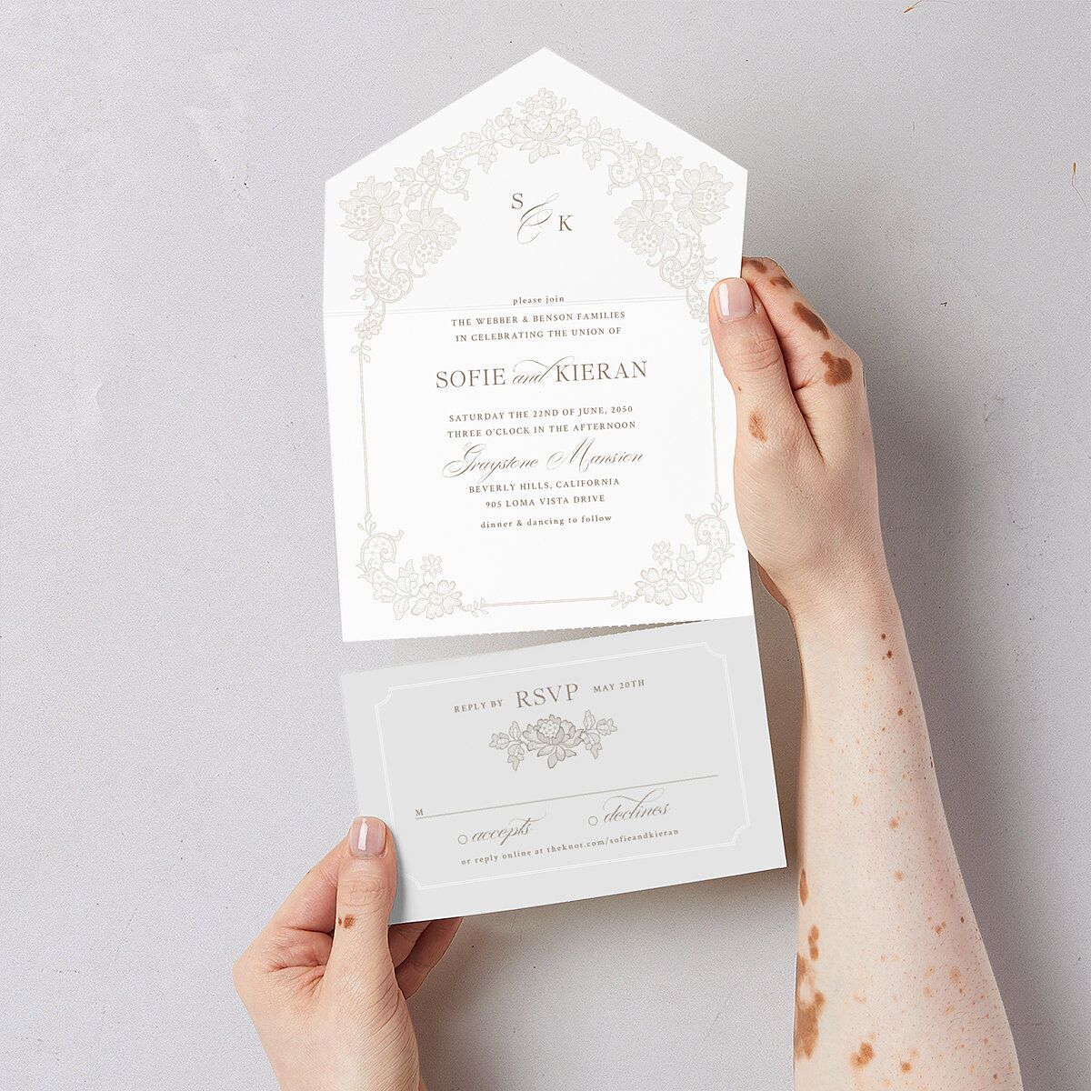Love Story Lace All-in-One Wedding Invitations Pure White Signature Light Both Recipient and Return Addresses No
