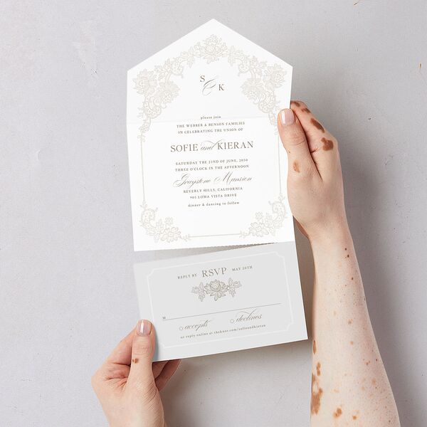 Love Story Lace All-in-One Wedding Invitations Pure White Signature Light Both Recipient and Return Addresses No