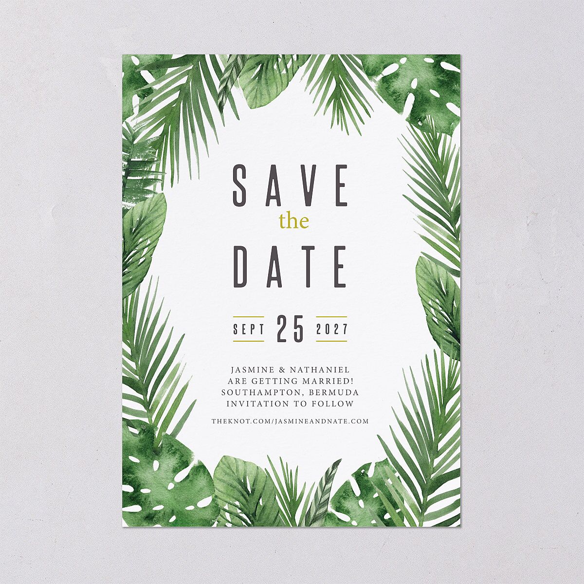 Tropical Leaves Save The Date Cards Scottish Green Signature smooth Blank No