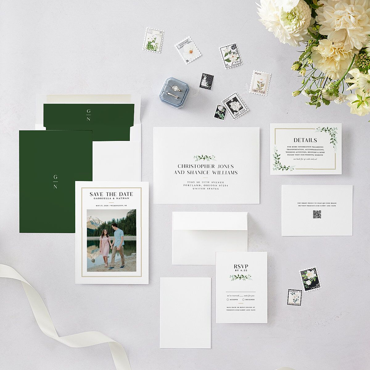 Greenery Frame Save the Date Cards Pure White Signature smooth Blank No Standard