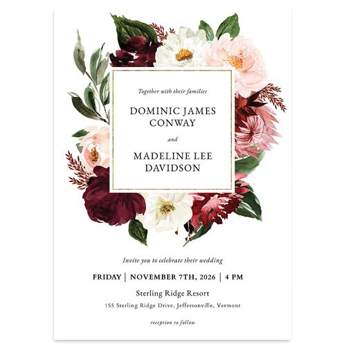 Striking Blooms Wedding Invitations Burgundy Signature Blank No Standard