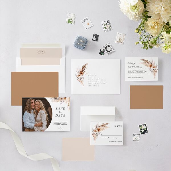 Bohemian Floral Hoop Save The Date Cards Camel Signature smooth Blank No Standard