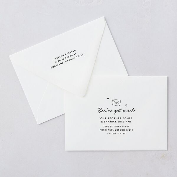 Hand Drawn Wedding Icons Photo Wedding Invitation Euro Envelopes White Champagne Both Recipient and Return Addresses Luxe Signature