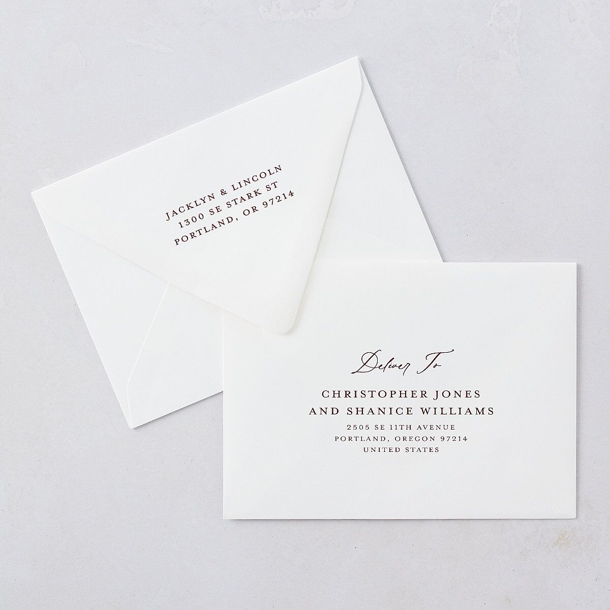 Elegant Vintage Images Save The Date Card Euro Envelopes White Burgundy Both Recipient and Return Addresses Luxe Signature