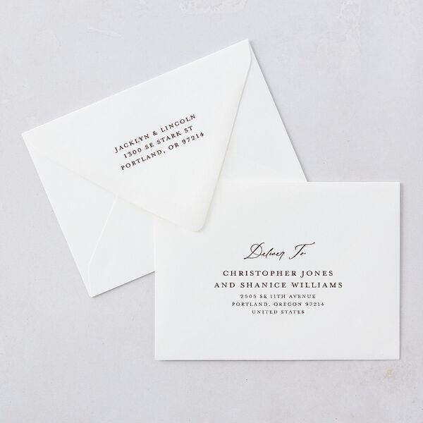 Elegant Vintage Images Save The Date Card Euro Envelopes White Burgundy Both Recipient and Return Addresses Luxe Signature