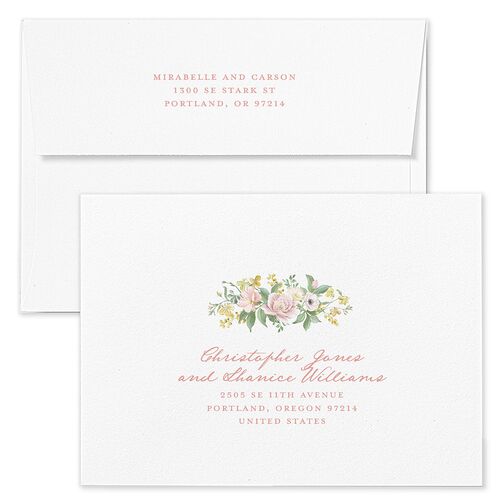 Maximalist Floral Crest Wedding Invitation Envelopes White Pink Cotton Both Recipient and Return Addresses Standard Signature